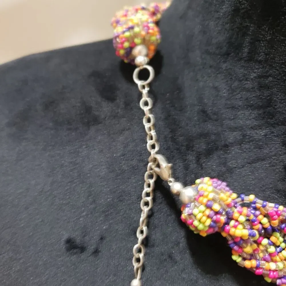 Womens Wide Braided Seed Bead Multi Strand Statement Necklace with Lobster Clasp - Picture 6 of 6